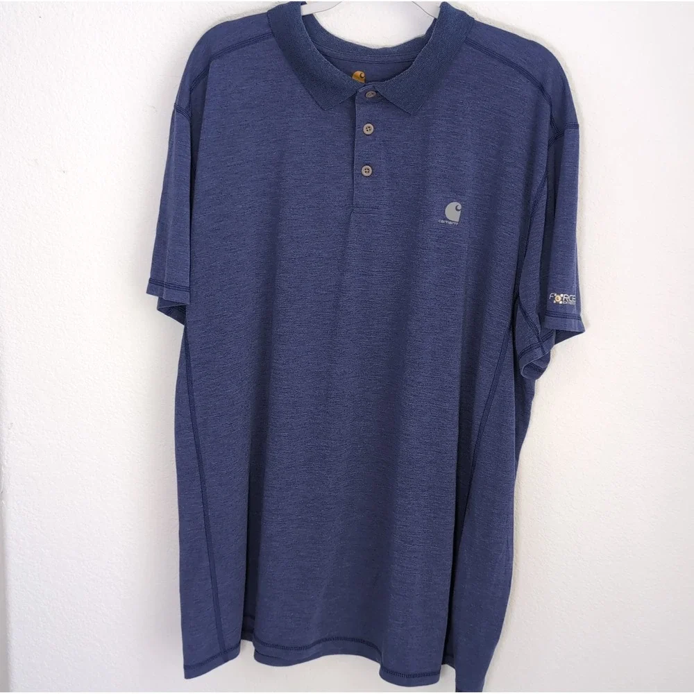 Carhartt Force Polo Shirt Mens 2XL Blue Heather Short Sleeve Pocket Work Golf